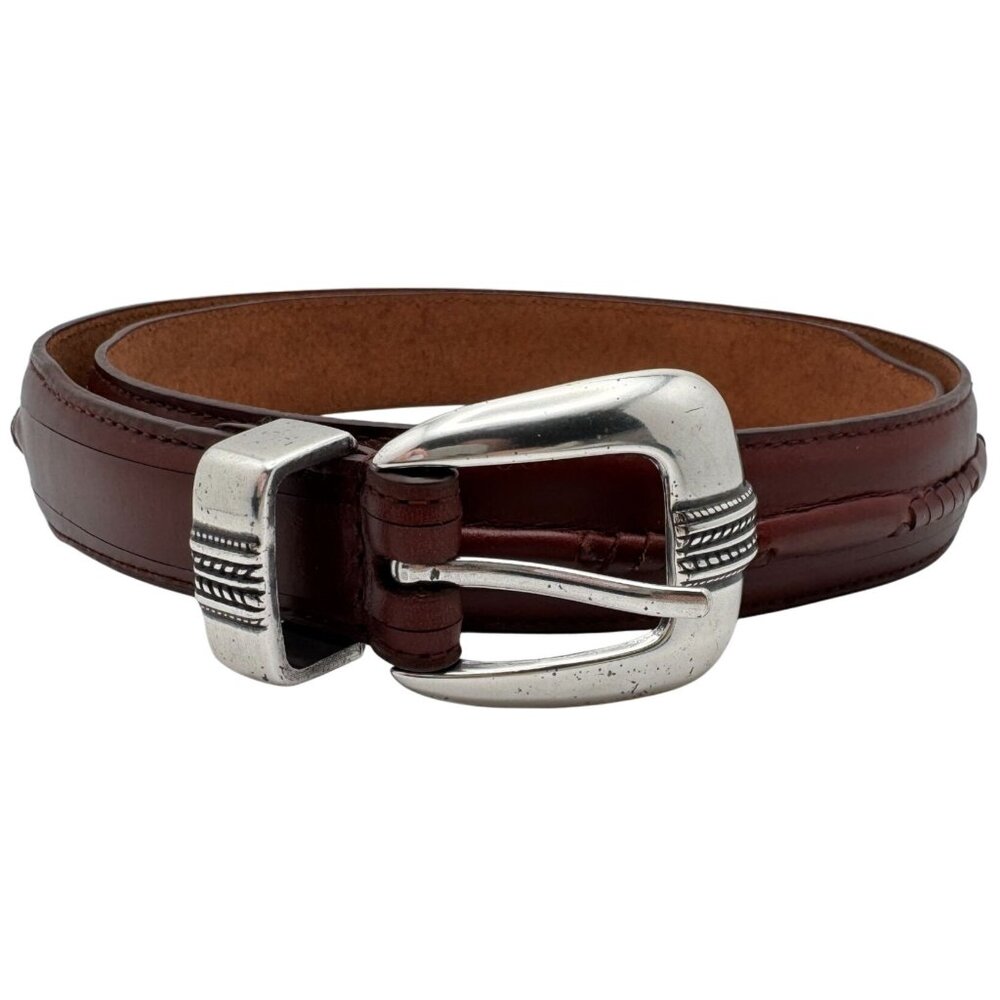 Mens Izod Brown Genuine Leather Belt Silver Buckle Embossed Details Size 40